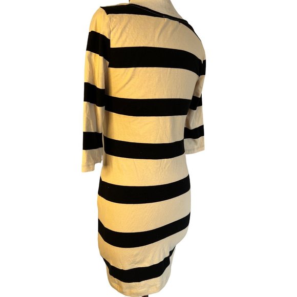 Xaci Women’s Dress Large Fitted Black Beige Mini Stretch 3/4 Sleeve Stripes - Picture 4 of 14